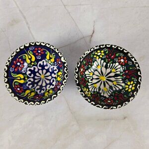 Set of 2 Small Turkish Bowls Handmade Ceramic Painted and Glazed Blue Red White